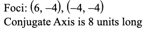 Foci: (6, –4), (-4, -4)
Conjugate Axis is 8 units long
