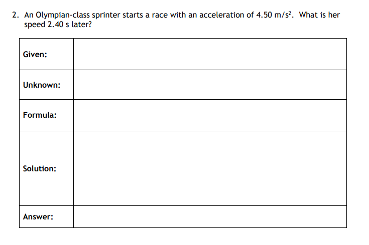 2. An Olympian-class sprinter starts a race with an acceleration of 4.50 m/s². What is her
speed 2.40 s later?
Given:
Unknown:
Formula:
Solution:
Answer:
