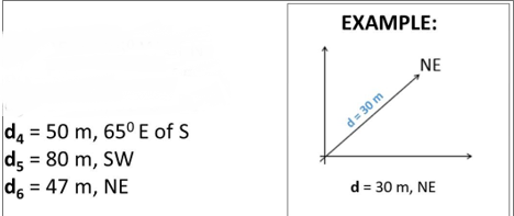 EXAMPLE:
NE
d, = 50 m, 65º E of S
ds = 80 m, SW
d, = 47 m, NE
d = 30 m
d = 30 m, NE

