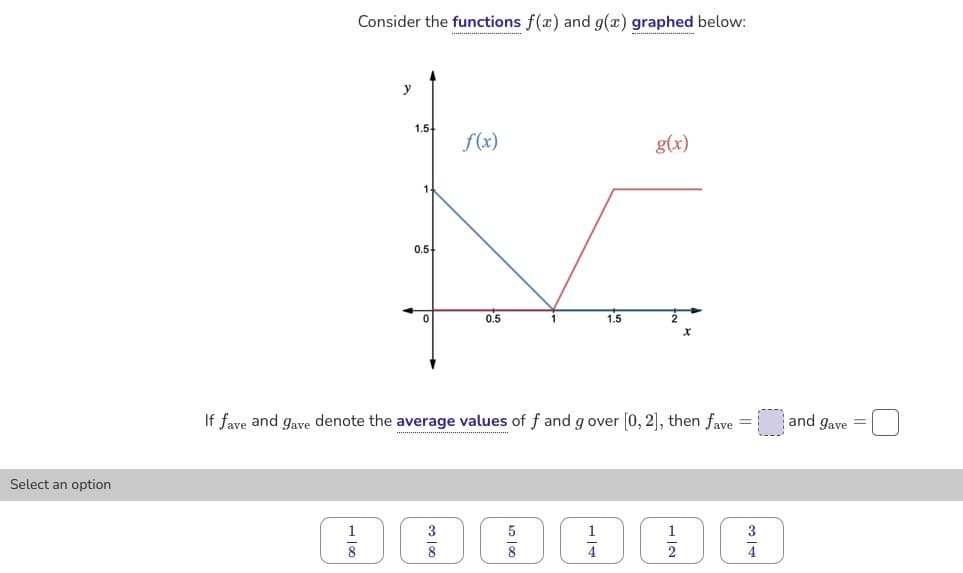 Select an option
100
Consider the functions f(x) and g(x) graphed below:
8
y
1.5
1.
0.5+
52100
3
f(x)
If fave and gave denote the average values of f and g over [0, 2], then fave =
8
0.5
00 | Cr |
5
1
8
1.5
1
4
g(x)
1
2
3
4
and gave =