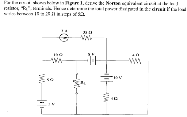 For the circuit shown below in Figure 1, derive the Norton equivalent circuit at the load
resistor, "RL", terminals. Hence determine the total power dissipated in the circuit if the load
varies between 10 to 20 2 in steps of 52.
2 A
35 Q
10 2
8 V
10 V
RL
5 V
W-
