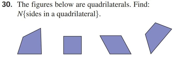 30. The figures below are quadrilaterals. Find:
N{sides in a quadrilateral}.
