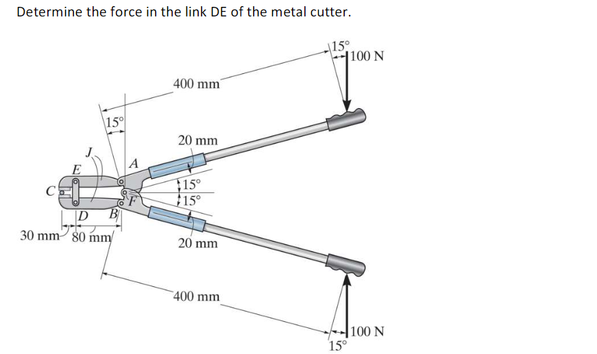 Determine the force in the link DE of the metal cutter.
15°
400 mm
15°
20 mm
15°
15°
20 mm
400 mm
E
C
D B
30 mm 80 mm/
4
100 N
100 N
15°