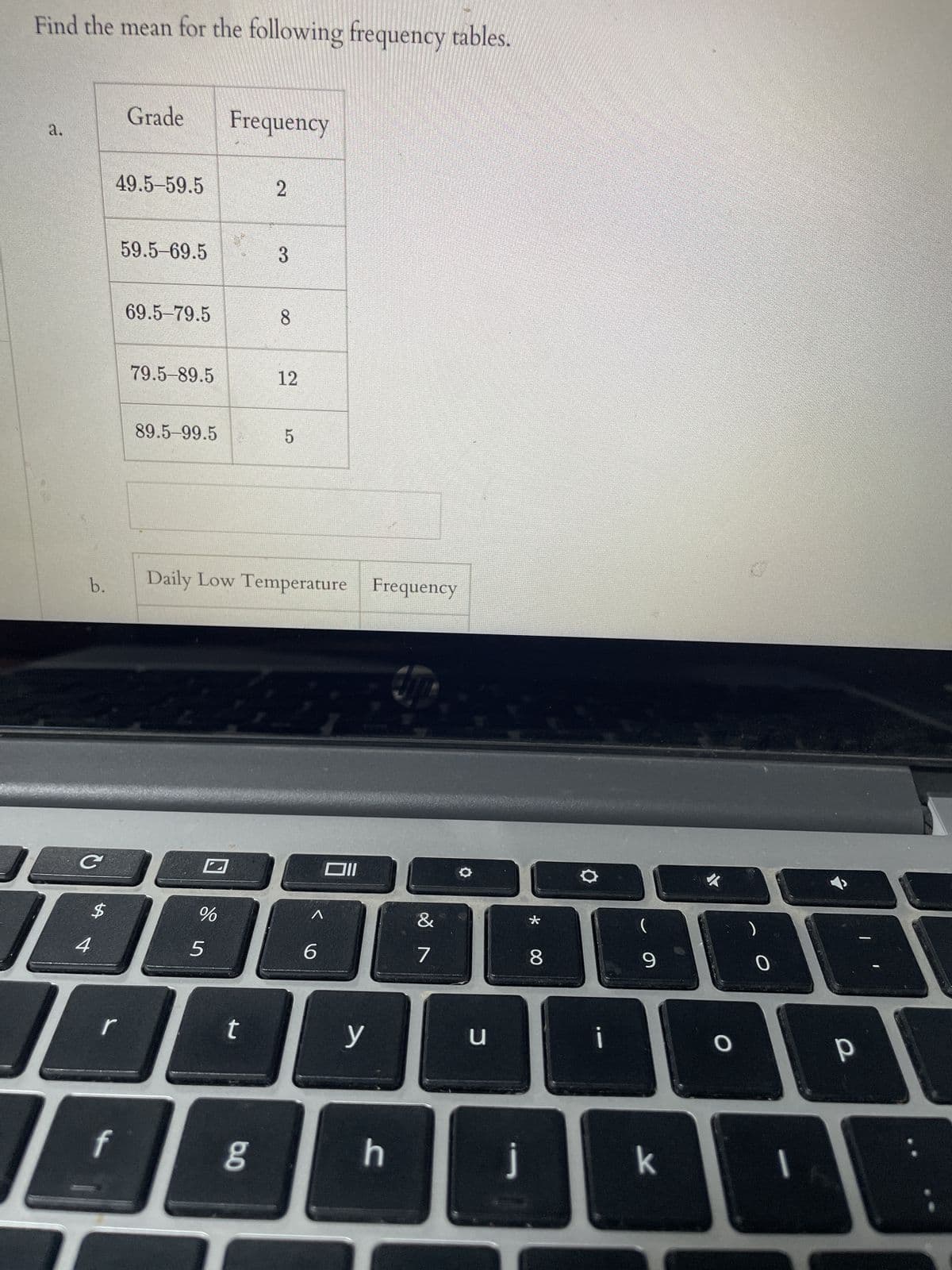 Find the mean for the following frequency tables.
¿
b.
J C
$
Grade
49.5-59.5
r
f
59.5-69.5
69.5-79.5
79.5-89.5
89.5-99.5
Frequency
2
t
3
6.0
8
12
Daily Low Temperature Frequency
5
%
AQQA
5
6
تان
Oll
y
h
&
O
7
u
*
8
i
(
9
k
O
0
P
I
J