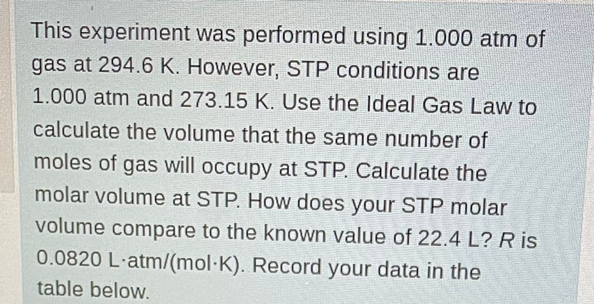 This experiment was performed using 1.000 atm of
gas at 294.6 K. However, STP conditions are
1.000 atm and 273.15 K. Use the Ideal Gas Law to
calculate the volume that the same number of
moles of gas will occupy at STP. Calculate the
molar volume at STP. How does your STP molar
volume compare to the known value of 22.4 L? R is
0.0820 L-atm/(mol-K). Record your data in the
table below.