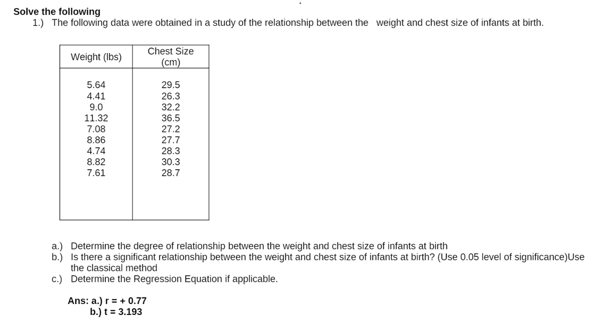 Solve the following
1.) The following data were obtained in a study of the relationship between the weight and chest size of infants at birth.
Chest Size
Weight (lbs)
(cm)
5.64
29.5
4.41
26.3
9.0
32.2
11.32
36.5
7.08
27.2
8.86
27.7
4.74
28.3
8.82
30.3
7.61
28.7
a.) Determine the degree of relationship between the weight and chest size of infants at birth
b.) Is there a significant relationship between the weight and chest size of infants at birth? (Use 0.05 level of significance)Use
the classical method
c.) Determine the Regression Equation if applicable.
Ans: a.) r = + 0.77
b.) t = 3.193