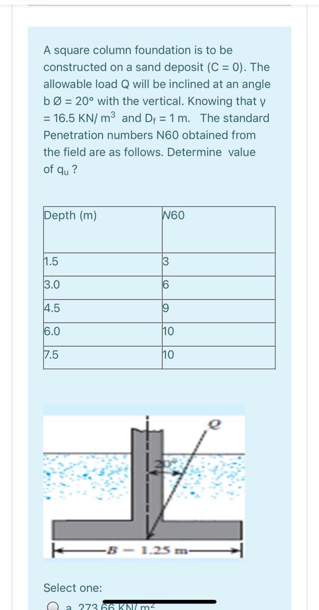 A square column foundation is to be
constructed on a sand deposit (C = 0). The
allowable load Q will be inclined at an angle
bØ = 20° with the vertical. Knowing that y
= 16.5 KN/ m3 and Df = 1 m. The standard
Penetration numbers N60 obtained from
the field are as follows. Determine value
of qu ?
Depth (m)
N60
1.5
3
3.0
4.5
6.0
10
7.5
10
B
1.25 m
Select one:
a 273 66 KN/ m²
