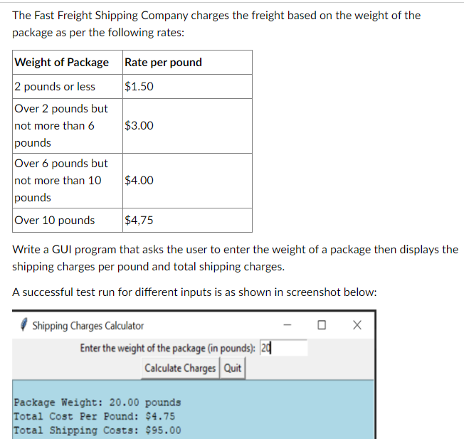The Fast Freight Shipping Company charges the freight based on the weight of the
package as per the following rates:
Weight of Package
Rate per pound
2 pounds or less
Over 2 pounds but
not more than 6
pounds
Over 6 pounds but
not more than 10
$1.50
$3.00
$4.00
pounds
Over 10 pounds
$4,75
Write a GUI program that asks the user to enter the weight of a package then displays the
shipping charges per pound and total shipping charges.
A successful test run for different inputs is as shown in screenshot below:
Shipping Charges Calculator
Enter the weight of the package (in pounds): |2d
Calculate Charges Quit
Package Weight: 20.00 pounds
Total Cost Per Pound: $4.75
Total Shipping Costs: $95.00
