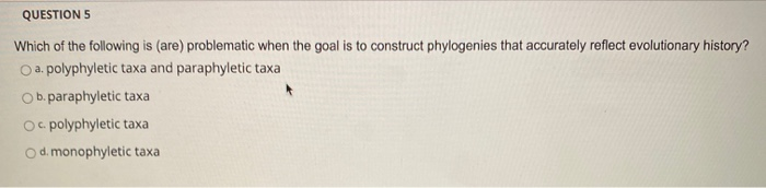 QUESTION 5
Which of the following is (are) problematic when the goal is to construct phylogenies that accurately reflect evolutionary history?
O a. polyphyletic taxa and paraphyletic taxa
O b. paraphyletic taxa
OC. polyphyletic taxa
O d. monophyletic taxa