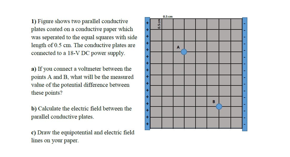 0.5 cm
1) Figure shows two parallel conductive
plates coated on a conductive paper which
was seperated to the equal squares with side
length of 0.5 cm. The conductive plates are
connected to a 18-V DC power supply.
A
a) If you connect a voltmeter between the
points A and B, what will be the measured
value of the potential difference between
these points?
b) Calculate the electric field between the
parallel conductive plates.
c) Draw the equipotential and electric field
lines on your paper.
0.5 cm
+ +
+
+ +
