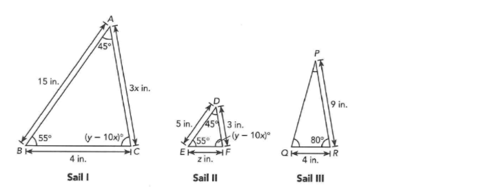 15 in.
3x in.
9 in.
5 in./453 in.
ty– 10x)°
55°
(y - 10x)
55
80
R
4 in.
4 in.
z in.
Sail I
Sail II
Sail II
