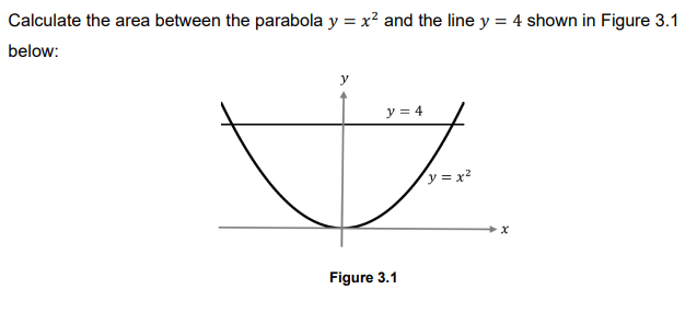 Calculate the area between the parabola y = x² and the line y = 4 shown in Figure 3.1
below:
y
y = 4
y = x²
Figure 3.1

