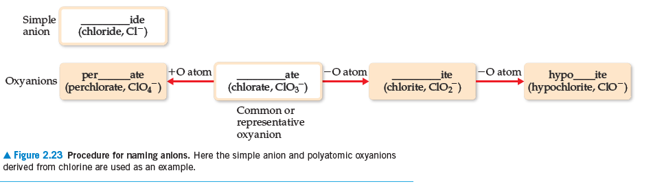 Simple
anion
_ide
(chloride, Cl¯)
+O atom
-O atom
-O atom
hypo_
_ite
рег
_ate
_ate
_ite
Oxyanions
(perchlorate, ClO)
(chlorate, ClO,")
(chlorite, CIO2")
(hypochlorite, CIO")
Common or
representative
охуanion
A Figure 2.23 Procedure for naming anlons. Here the simple anion and polyatomic oxyanions
derived from chlorine are used as an example.
