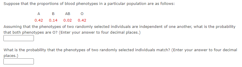 Suppose that the proportions of blood phenotypes in a particular population are as follows:
A
B
АВ
0.42 0.14 0.02 0.42
Assuming that the phenotypes of two randomly selected individuals are independent of one another, what is the probability
that both phenotypes are 0? (Enter your answer to four decimal places.)
What is the probability that the phenotypes of two randomly selected individuals match? (Enter your answer to four decimal
places.)
