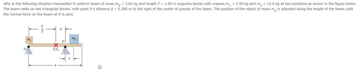 Why is the following situation impossible? A uniform beam of mass m, = 3.00 kg and length e = 1.00 m supports blocks with masses m, = 5.00 kg and m, = 15.0 kg at two positions as shown in the figure below.
The beam rests on two triangular blocks, with point Pa distance d = 0.300 m to the right of the center of gravity of the beam. The position of the object of mass m., is adjusted along the length of the beam until
the normal force on the beam at O is zero.
CG
