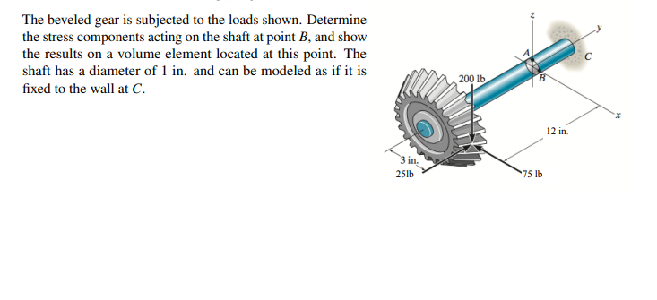 The beveled gear is subjected to the loads shown. Determine
the stress components acting on the shaft at point B, and show
the results on a volume element located at this point. The
shaft has a diameter of 1 in. and can be modeled as if it is
200 lb.
fixed to the wall at C.
12 in.
3 in.
25lb
75 lb
