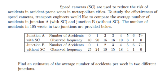 Speed cameras (SC) are used to reduce the risk of
accidents in accident-prone zones in metropolitan cities. To study the effectiveness of
speed cameras, transport engineers would like to compare the average number of
accidents in junction A (with SC) and junction B (without SC). The number of
accidents in 105 weeks in two junctions are provided below.
Junction A
with SC
Junction B
without SC
Number of Accidents 01 2 3 4 5 6 7+
Observed frequency 40 20 15 16 10 3 1 0
Number of Accidents 0 1 2 3 4 5 6 7+
Observed frequency 25 24 18 15 18 41 0
Find an estimates of the average number of accidents per week in two different
junctions.