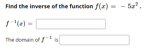 Find the inverse of the function f(x) = – 5x² .
f-'(x) =
The domain of ƒ-' is
