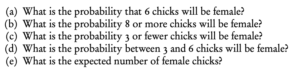 (a) What is the probability that 6 chicks will be female?
(b) What is the probability 8 or more chicks will be female?
(c) What is the probability 3 or fewer chicks will be female?
(d) What is the probability between 3 and 6 chicks will be female?
(e) What is the expected number of female chicks?
