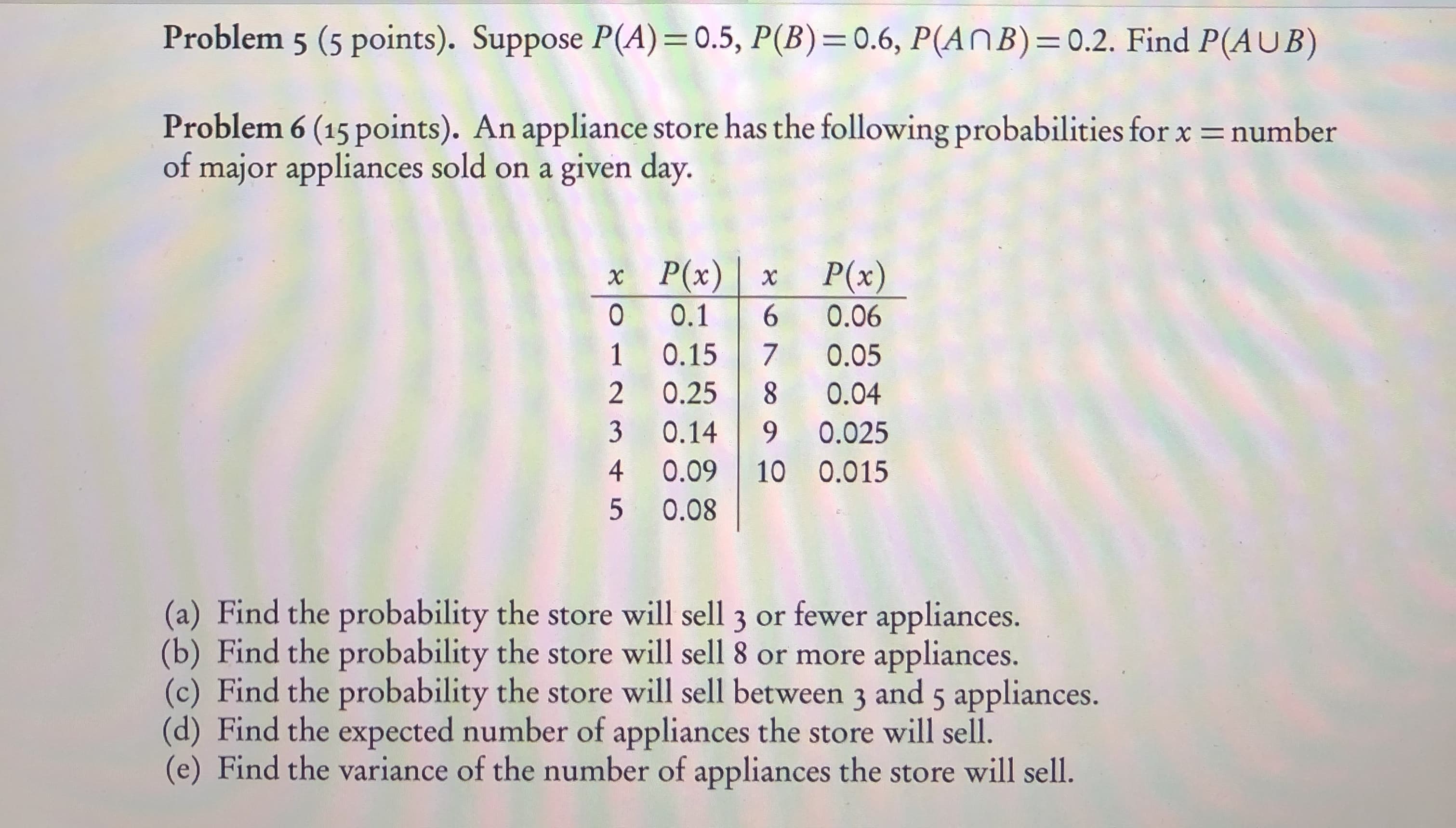 Problem 5 (5 points). Suppose P(A)=0.5, P(B)=0.6, P(ANB)=0.2. Find P(AUB)
%3D
Problem 6 (15 points). An appliance store has the following probabilities for x = number
of major appliances sold on a given day.
x P(x)
6.
1 0.15
0.25 8
P(x)
0.1
0.06
0.05
0.04
3
0.14
9.
0.025
4 0.09 10 0.015
5 0.08
(a) Find the probability the store will sell 3 or fewer appliances.
(b) Find the probability the store will sell 8 or more appliances.
(c) Find the probability the store will sell between 3 and 5 appliances.
(d) Find the expected number of appliances the store will sell.
(e) Find the variance of the number of appliances the store will sell.
