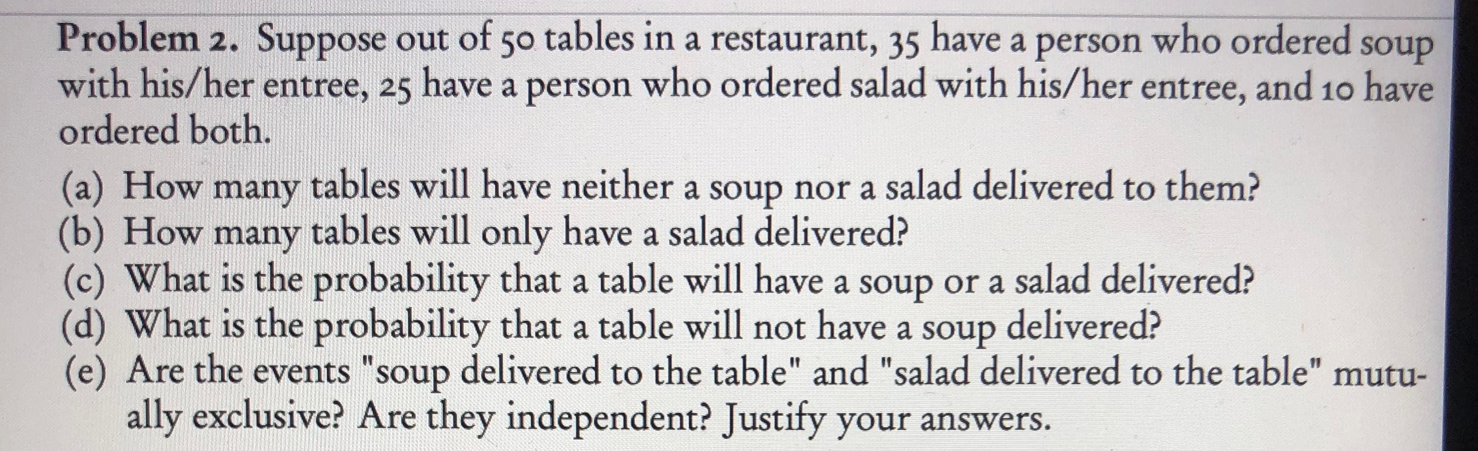 Problem 2. Suppose out of 50 tables in a restaurant, 35 have a person who ordered
with his/her entree, 25 have a person who ordered salad with his/her entree, and 10 have
ordered both.
soup
(a) How many tables will have neither a soup nor a salad delivered to them?
(b) How many tables will only have a salad delivered?
(c) What is the probability that a table will have a soup or a salad delivered?
(d) What is the probability that a table will not have a soup delivered?
(e) Are the events "soup delivered to the table" and "salad delivered to the table" mutu-
ally exclusive? Are they independent? Justify your answers.
