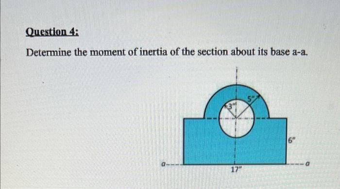 Question 4:
Determine the moment of inertia of the section about its base a-a.
52
3
17"
6"
a