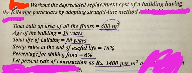 Workout the depreciated replacement cost of a building having
the following particulars by adopting straight-line method
Total built up area of all the floors = 400 m
Age of the building = 30 years
Total life of building = 80 years
Scrap value at the end of useful life = 10%
Percentage for sinking fund = 6%
Let present rate of construction as Rs. 1400 per m² a
%3D
%3!
.S.
