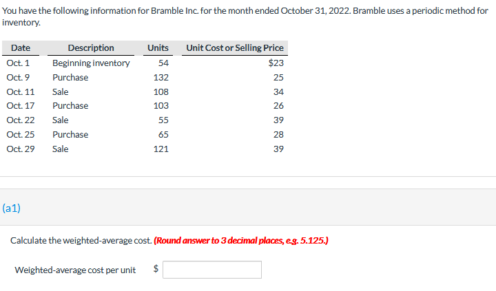 You have the following information for Bramble Inc. for the month ended October 31, 2022. Bramble uses a periodic method for
inventory.
Date
Description
Units
Unit Cost or Selling Price
Oct. 1
Oct. 9
Beginning inventory
54
$23
Purchase
132
25
Oct. 11
Sale
108
34
Oct. 17
Purchase
103
26
Oct. 22
Sale
55
39
Oct. 25
Purchase
65
28
Oct. 29
Sale
121
39
(a1)
Calculate the weighted-average cost. (Round answer to 3 decimal places, eg. 5.125.)
Weighted-average cost per unit
$
