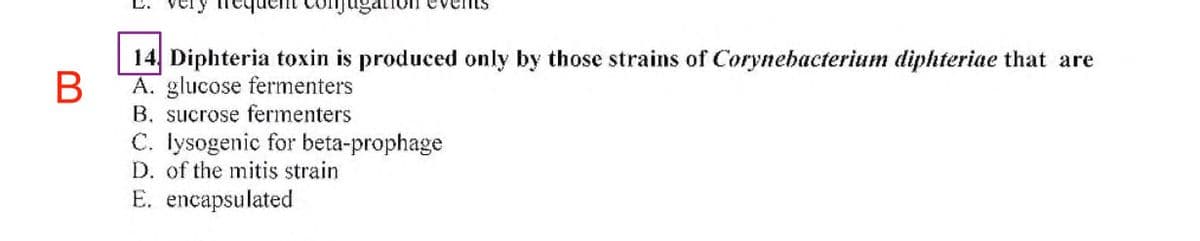 B
14. Diphteria toxin is produced only by those strains of Corynebacterium diphteriae that are
A. glucose fermenters
B. sucrose fermenters
C. lysogenic for beta-prophage
D. of the mitis strain
E. encapsulated