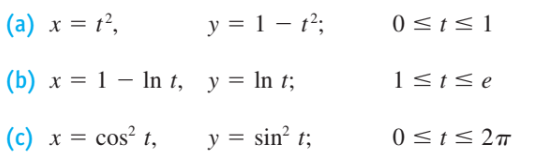 (a) x = t°,
y = 1 – 1°;
0<t<1
(b) x = 1 – In t, y = ln t;
1<t<e
(c) x = cos? t,
y = sin? t;
0<t< 2m

