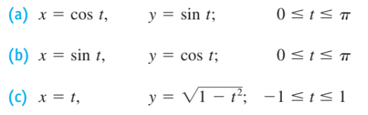 (a) x = cos t,
y = sin t;
0<t<
(b) x = sin t,
y = cos t;
0<t< ™
(c) x = t,
y = V1 – t²; -1<t<1

