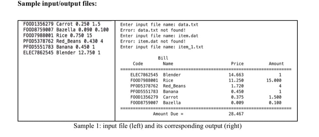 Sample input/output files:
FOOD1356279 Carrot 0.250 1.5
FOOD8759007 Bazella 0.090 0.100
FOOD7988001 Rice 0.750 15
PFOD5378762 Red Beans 0.430 4
PFOD5551783 Banana 0.450 1
ELEC7862545 Blender 12.750 1
Enter input file name: data.txt
Error: data.txt not found!
Enter input file name: item.dat
Error: item.dat not found!
Enter input file name: item_1.txt
Bill
Code
Name
Price
Amount
================
=======
ELEC7862545 Blender
14.663
FOOD7988001 Rice
11.250
15.000
PFOD5378762 Red_Beans
1.720
0.450
0.375
0.009
PFOD5551783 Banana
1
FOOD1356279
Carrot
1.500
FOOD8759007 Bazella
0.100
===========
==========
Amount Due =
28.467
Sample 1: input file (left) and its corresponding output (right)
