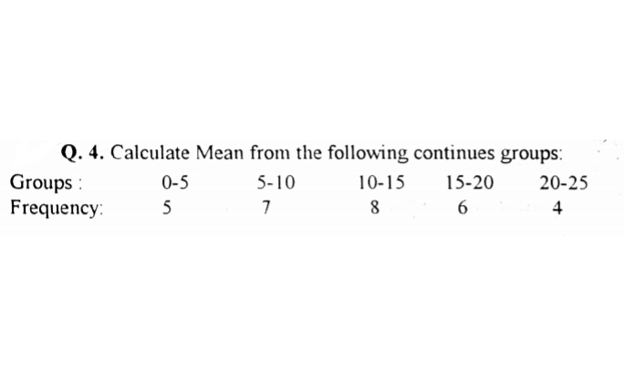 Q. 4. Calculate Mean from the following continues groups:
Groups :
Frequency:
0-5
5-10
10-15
15-20
20-25
5
7
8
6
4
