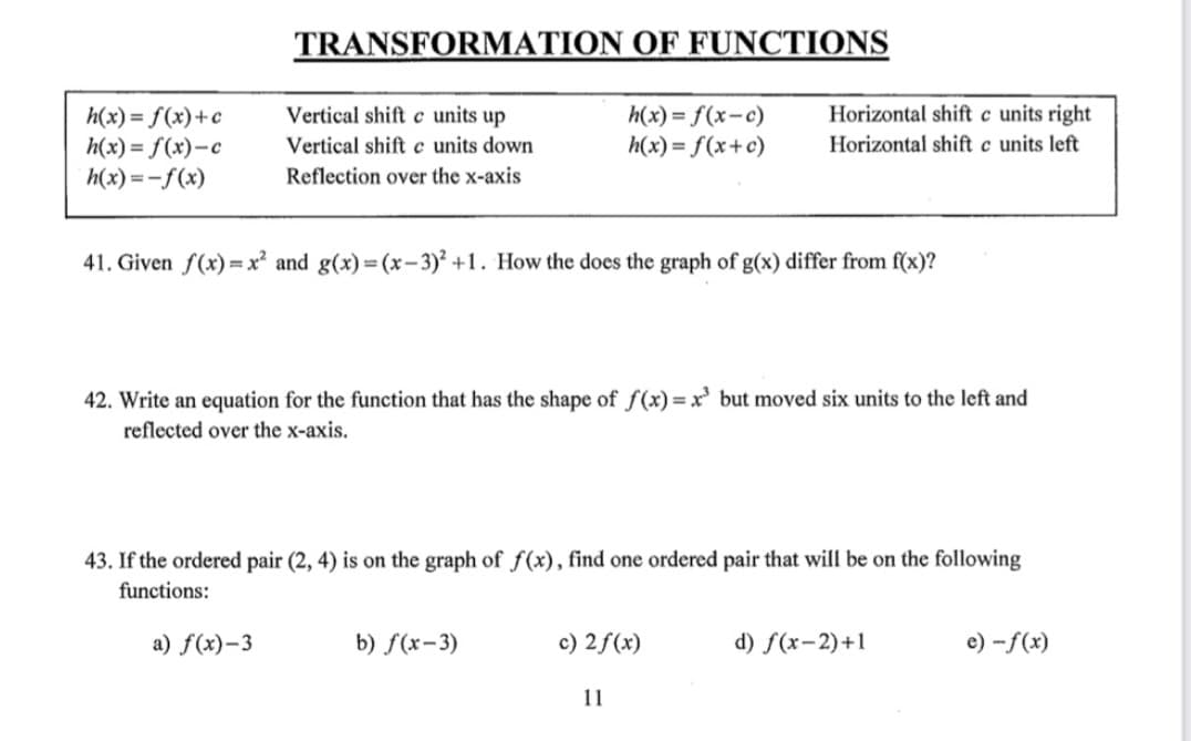 h(x) = f(x)+c
h(x) = f(x)-c
h(x) = -f(x)
TRANSFORMATION OF FUNCTIONS
Vertical shift c units up
Vertical shift c units down
Reflection over the x-axis
h(x)=f(x-c)
h(x) = f(x+c)
41. Given f(x)=x² and g(x)=(x-3)² +1. How the does the graph of g(x) differ from f(x)?
42. Write an equation for the function that has the shape of f(x)= x³ but moved six units to the left and
reflected over the x-axis.
b) f(x-3)
Horizontal shift c units right
Horizontal shift c units left
43. If the ordered pair (2, 4) is on the graph of f(x), find one ordered pair that will be on the following
functions:
a) f(x)-3
c) 2 f(x)
11
d) f(x-2)+1
e) -f(x)