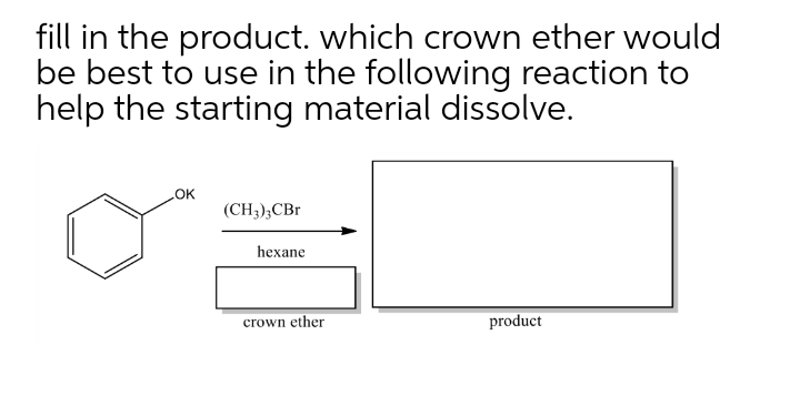 fill in the product. which crown ether would
be best to use in the following reaction to
help the starting material dissolve.
(CH3),CBr
hexane
crown ether
product

