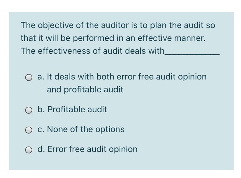 The objective of the auditor is to plan the audit so
that it will be performed in an effective manner.
The effectiveness of audit deals with_
a. It deals with both error free audit opinion
and profitable audit
b. Profitable audit
O c. None of the options
d. Error free audit opinion
