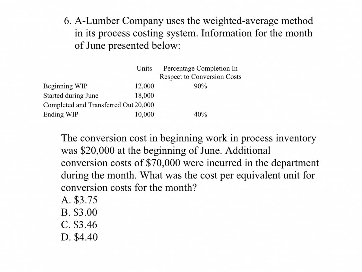 6. A-Lumber Company uses the weighted-average method
in its process costing system. Information for the month
of June presented below:
Percentage Completion In
Respect to Conversion Costs
Units
Beginning WIP
Started during June
12,000
90%
18,000
Completed and Transferred Out 20,000
Ending WIP
10,000
40%
The conversion cost in beginning work in process inventory
was $20,000 at the beginning of June. Additional
conversion costs of $70,000 were incurred in the department
during the month. What was the cost per equivalent unit for
conversion costs for the month?
A. $3.75
B. $3.00
C. $3.46
D. $4.40
