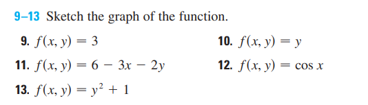 9–13 Sketch the graph of the function.
9. f(x, у) — 3
10. f(x, у) — у
11. f(x, у) — 6 — Зх — 2у
12. f(x, у) — соs x
13. f(x, у) — у? + 1
