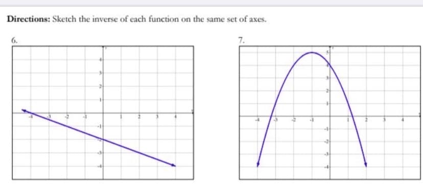 Directions: Sketch the inverse of each function on the same set of axes.
6.
7.
