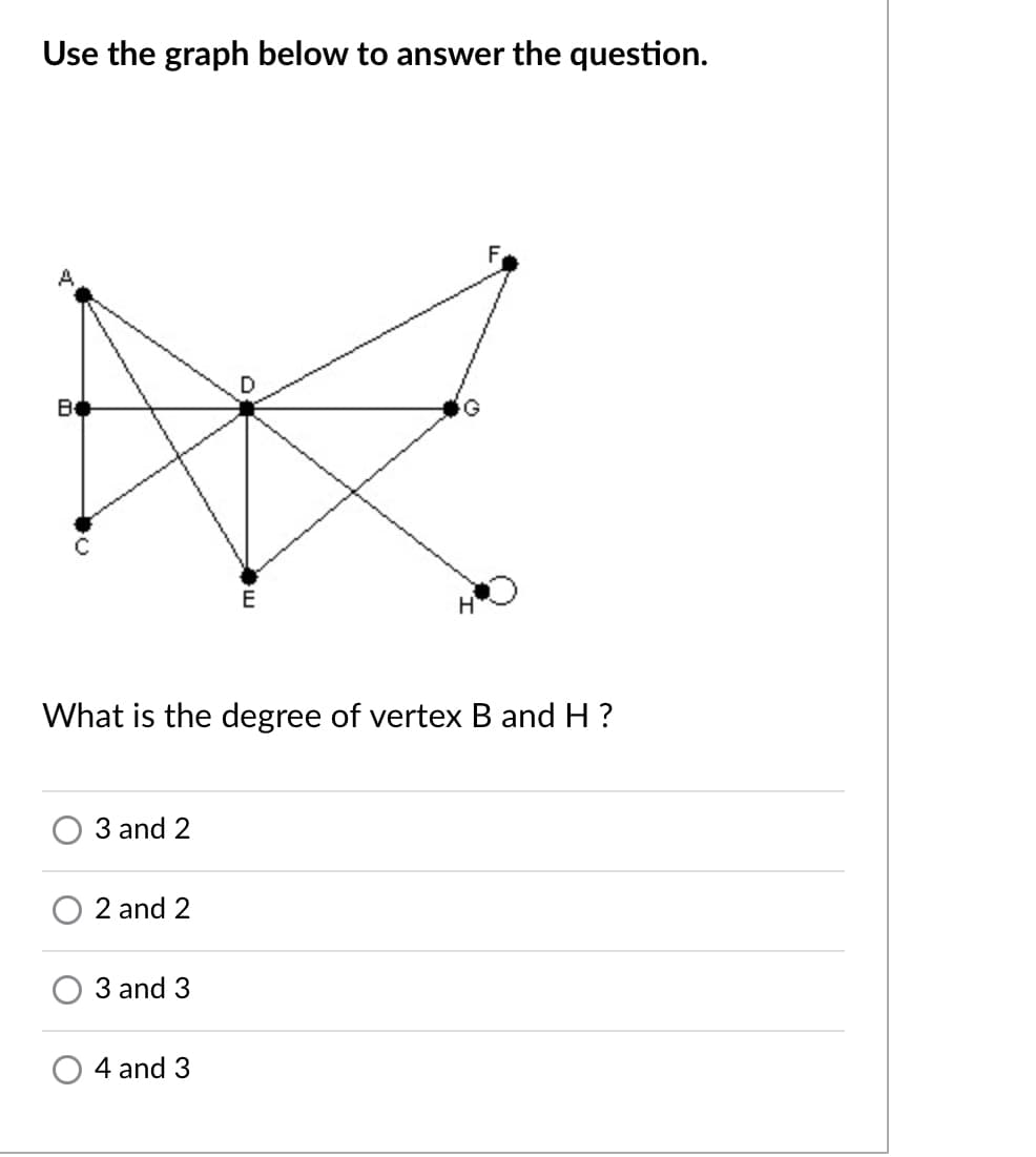 Use the graph below to answer the question.
A
B
E
What is the degree of vertex B and H ?
3 and 2
2 and 2
3 and 3
4 and 3
