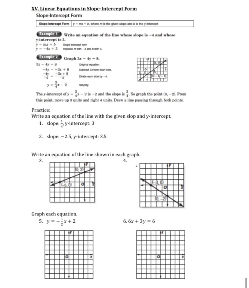 XV. Linear Equations in Slope-Intercept Form
Slope-Intercept Form
Slope-Intercept Formy- mx + b, whore m is the given slope and b is the y-intercept
Example 1 Write an equation of the line whose slope is –4 and whose
y-intercept is 3.
y - mx + b
y = -4x + 3 Repiace m with -4 and b with a.
Siope-ntercept tom
Example 2 Graph 3r – 4y = 8.
3r - 4y = 8
original equation
-4y - -3x + 8
-&r + 8
suotract artrom each side.
DMde each side by -4
y --2
Simpity
The y-intercept of y =i- 2 is –2 and the slope is 7. So graph the point (0, -2). From
this point, move up 3 units and right 4 units. Draw a line passing through both points.
Practice:
Write an equation of the line with the given slop and y-intercept.
1. slope: y-intercept: 3
2. slope: -2.5, y-intercept: 3.5
Write an equation of the line shown in each graph.
3.
4.
10, 2)
5.0)
Graph each equation.
5. y = -x + 2
6. 6х + 3у %3D6
to
to
