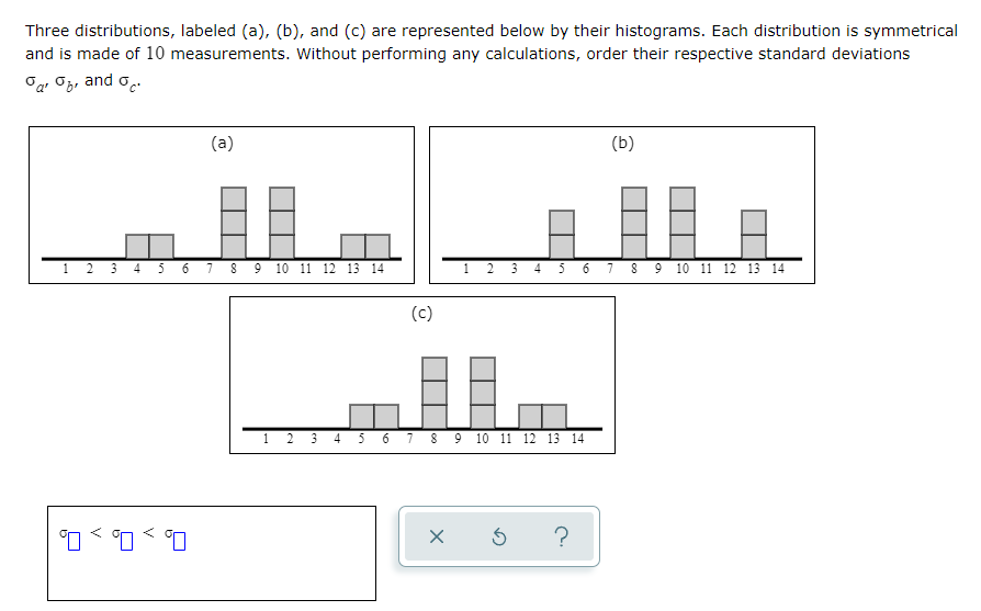 Three distributions, labeled (a), (b), and (c) are represented below by their histograms. Each distribution is symmetrical
and is made of 10 measurements. Without performing any calculations, order their respective standard deviations
Og, Oj, and o.
(a)
(b)
1 2 3 4 5 6 7 8 9 10 11 12 13 14
2 3
56 7 8 9 10 11 12 13 14
1
4
(c)
1 2 3 4 5 6 7 8 9 10 11 12 13 14
?
