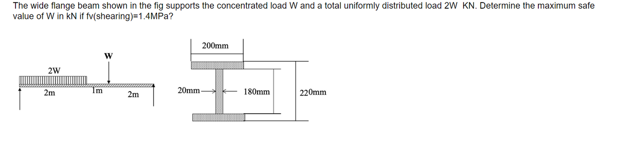 The wide flange beam shown in the fig supports the concentrated load W and a total uniformly distributed load 2W KN. Determine the maximum safe
value of W in kN if fv(shearing)=1.4MPa?
2W
2m
W
1m
2m
20mm
200mm
180mm
220mm
