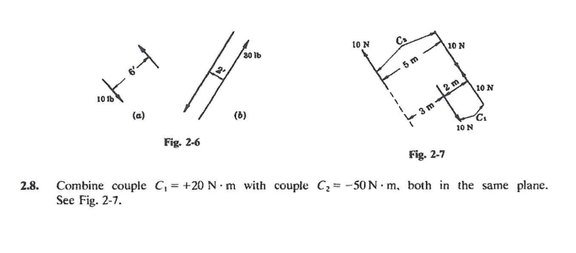 30 1b
10 N
10 N
5 m
10 1b
10 N
(a)
(6)
Fig. 2-6
10 N
Fig. 2-7
2.8. Combine couple C, = +20 N m with couple C2= -50N m, both in the same plane.
See Fig. 2-7.
