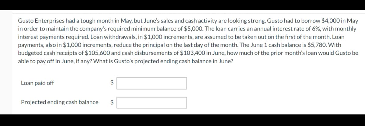 Gusto Enterprises had a tough month in May, but June's sales and cash activity are looking strong. Gusto had to borrow $4,000 in May
in order to maintain the company's required minimum balance of $5,000. The loan carries an annual interest rate of 6%, with monthly
interest payments required. Loan withdrawals, in $1,000 increments, are assumed to be taken out on the first of the month. Loan
payments, also in $1,000 increments, reduce the principal on the last day of the month. The June 1 cash balance is $5,780. With
budgeted cash receipts of $105,600 and cash disbursements of $103,400 in June, how much of the prior month's loan would Gusto be
able to pay off in June, if any? What is Gusto's projected ending cash balance in June?
Loan paid off
Projected ending cash balance
$
$
