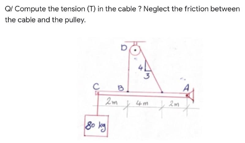 Q/ Compute the tension (T) in the cable ? Neglect the friction between
the cable and the pulley.
B
2m
C
80 kg
2m
t
4m