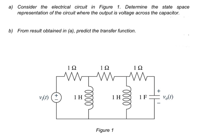 a) Consider the electrical circuit in Figure 1. Determine the state space
representation of the circuit where the output is voltage across the capacitor.
