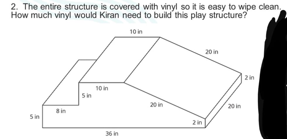 2. The entire structure is covered with vinyl so it is easy to wipe clean.
How much vinyl would Kiran need to build this play structure?
10 in
20 in
2 in
10 in
5 in
20 in
20 in
8 in
5 in
2 in
36 in
