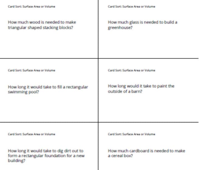 Card Sort: Surface Area or Valume
Card Sort: Surface Area or Volume
How much glass is needed to build a
greenhouse?
How much wood is needed to make
triangular shaped stacking blocks?
Card Sort: Surface Area cr Valume
Card Sort: Surface Area or Volume
How long it would take to fill a rectangular
swimming pool?
How long would it take to paint the
outside of a barn?
Card Sort Surface Area or Valume
Card Sort: Surface Area or Volume
How long it would take to dig dirt out to
form a rectangular foundation for a new
building?
How much cardboard is needed to make
a cereal box?
