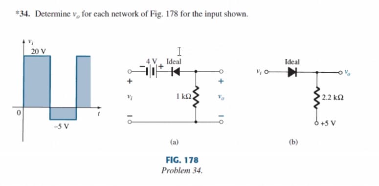 *34. Determine v, for each network of Fig. 178 for the input shown.
20 V
I
4 V. Ideal
Ideal
Vị
1 kQ,
2.2 kN
-5 V
6 +5 V
(a)
(b)
FIG. 178
Problem 34.
